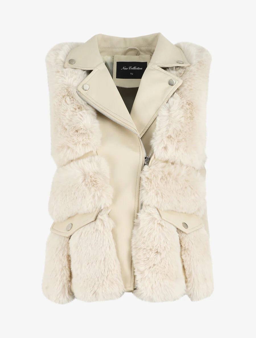 Mouwloos vest van imitatieleer en nepbont - Beige