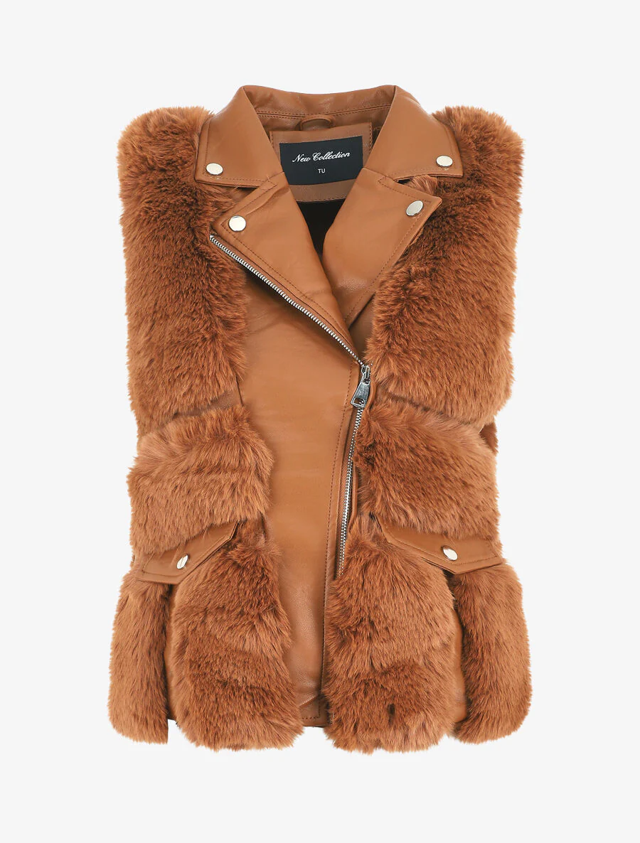 Mouwloos vest van imitatieleer en nepbont - Camel