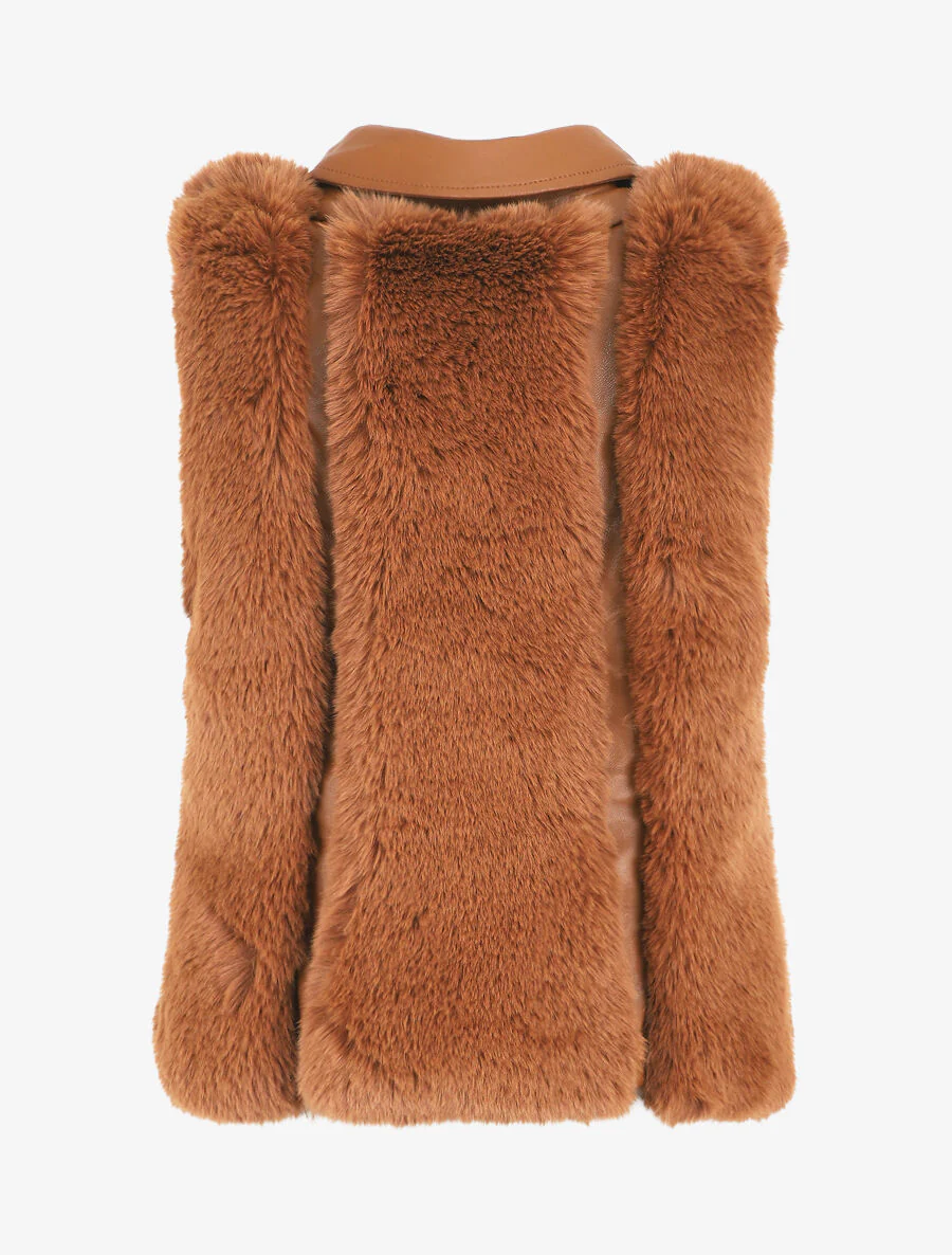 Mouwloos vest van imitatieleer en nepbont - Camel - Image 2