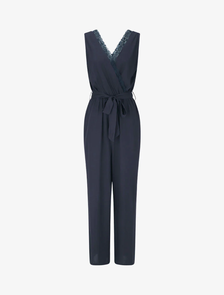 Mouwloze wijde jumpsuit met overslag - Donkerblauw