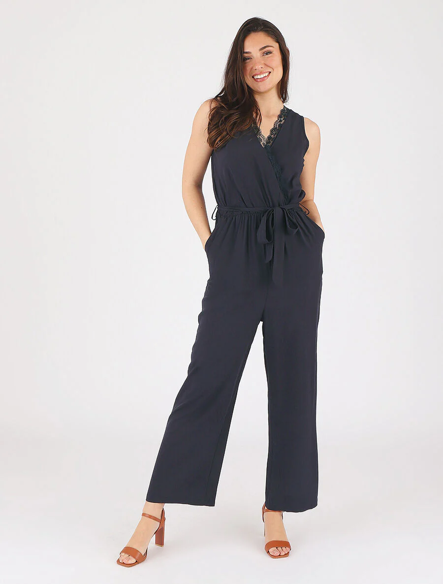 Mouwloze wijde jumpsuit met overslag - Donkerblauw - Image 4