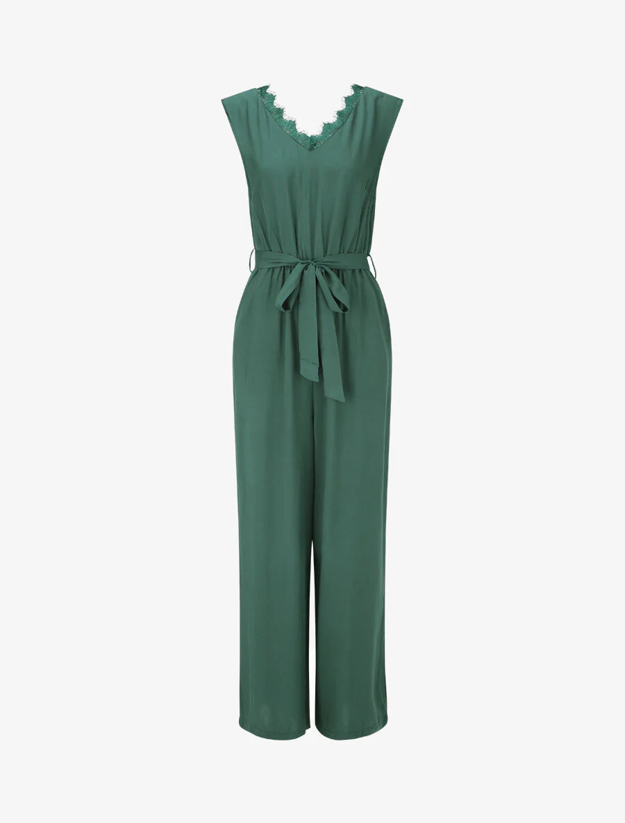 Mouwloze wijde jumpsuit met V-hals - Dennengroen