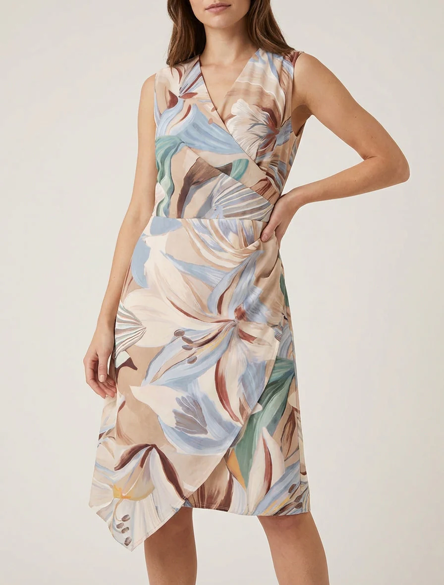 Mouwloze wikkeljurk met leliebloemenprint. - Beige - Image 4
