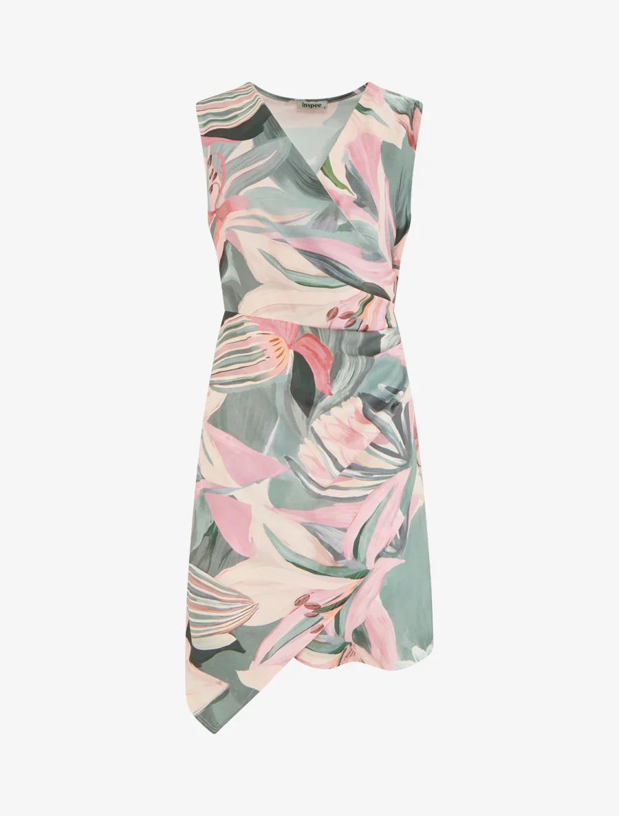 Mouwloze wikkeljurk met leliebloemenprint. - Kaki