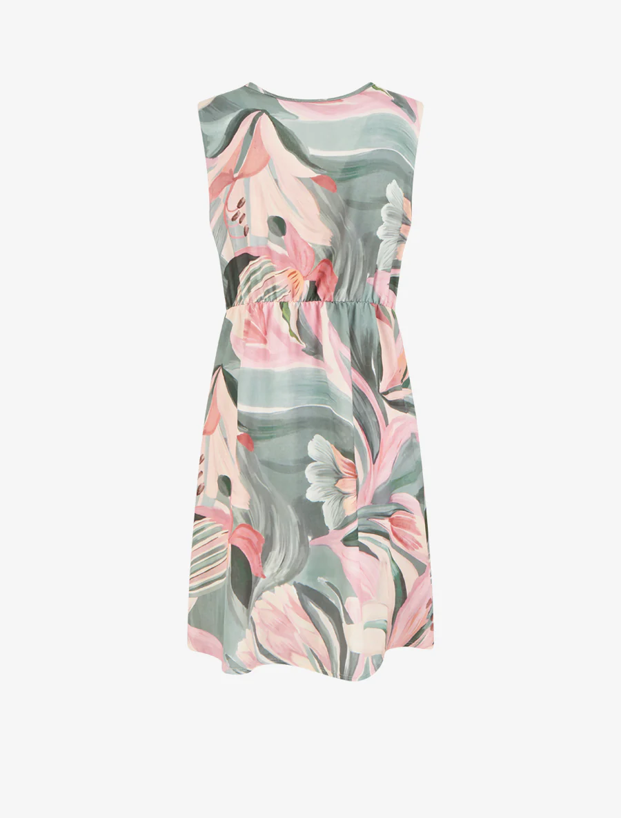 Mouwloze wikkeljurk met leliebloemenprint. - Kaki - Image 2