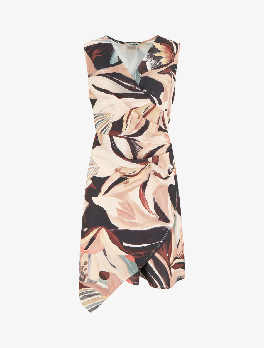 Mouwloze wikkeljurk met leliebloemenprint. - Zwart
