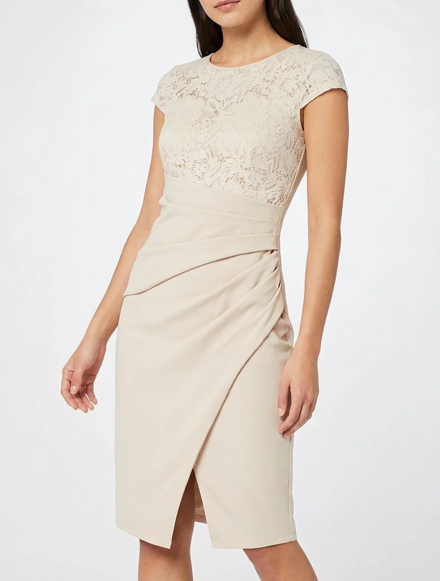 Nauwsluitende jurk met kant en draperie - Beige - Image 4