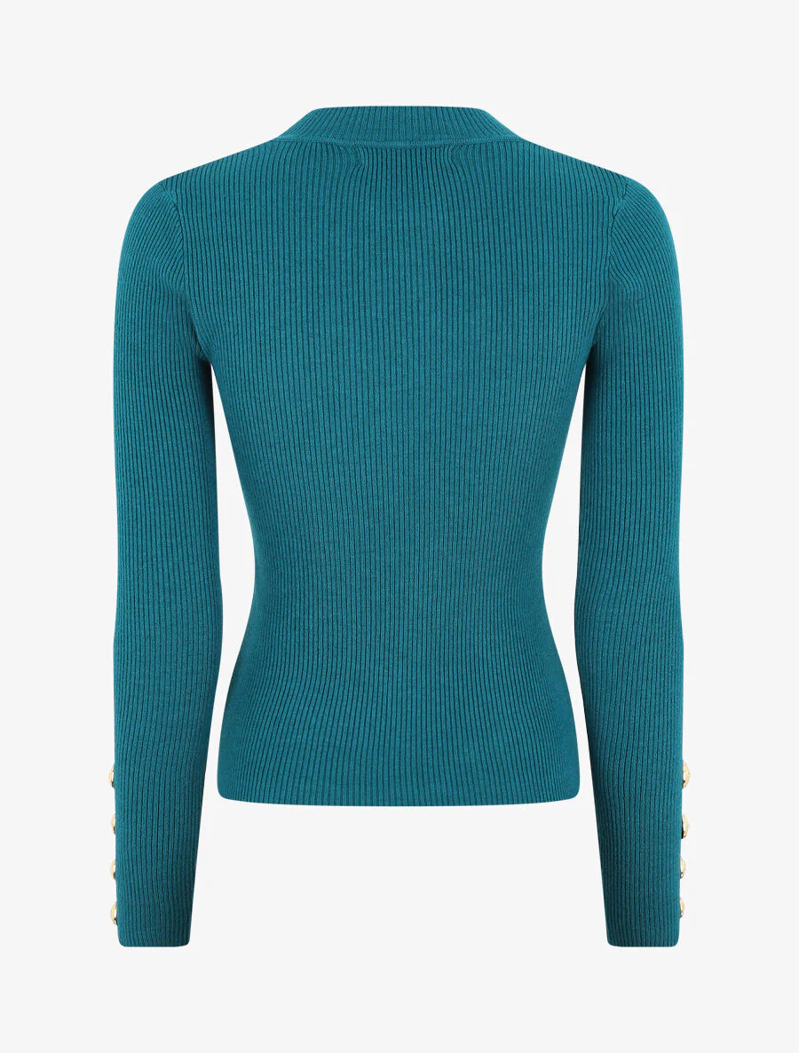 Nauwsluitende trui met opstaande kraag en knopen - Blauwgroen - Image 2