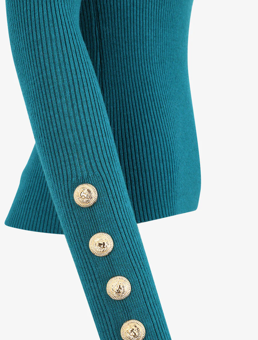 Nauwsluitende trui met opstaande kraag en knopen - Blauwgroen - Image 3