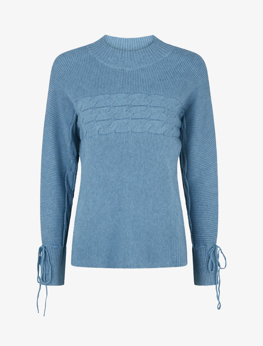 Nauwsluitende trui met opstaande kraag en strikjes aan de mouwen. - Blauw