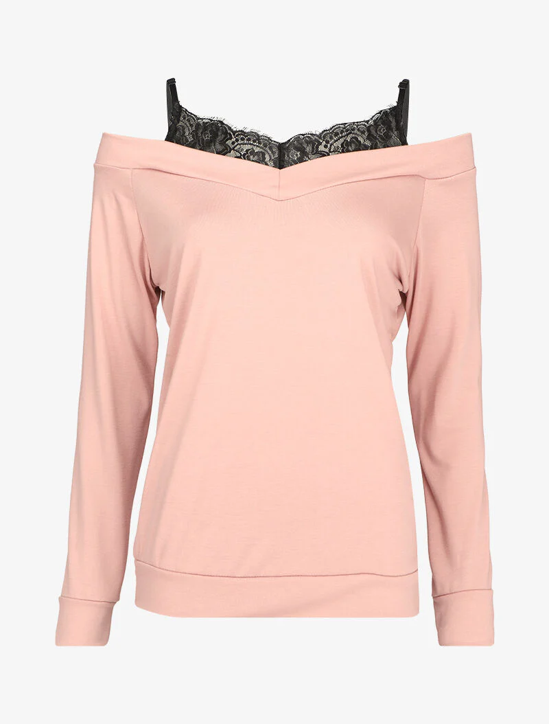 Top met blote schouders en kanten tanktop in trompe l'oeil - Lichtroze
