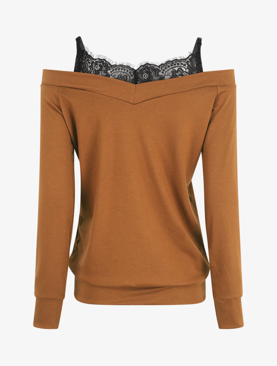 Off-shoulder top met trompe-l'oeil - Kameel - Image 2