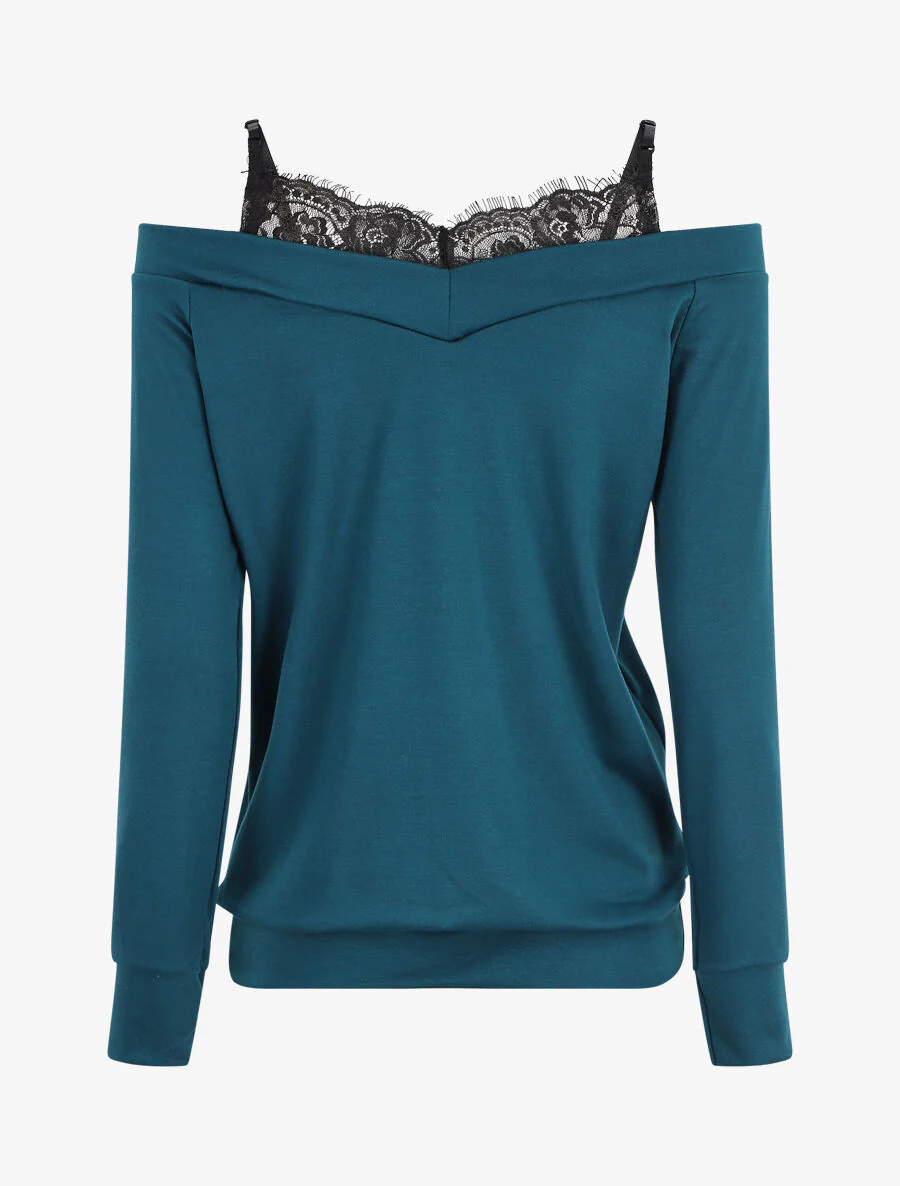 Off-shoulder top met trompe-l'oeil - Blauwgroen - Image 2