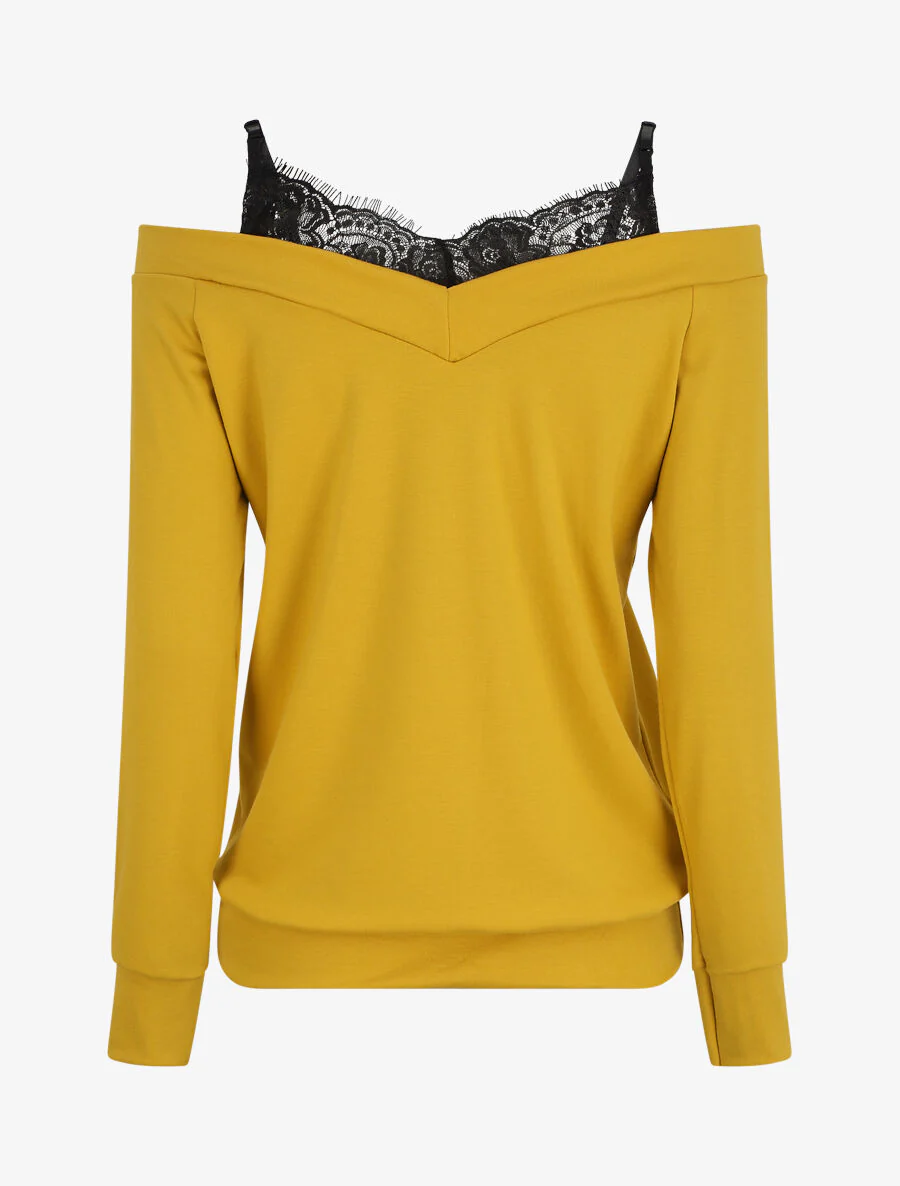 Off-shoulder top met trompe-l'oeil - Geel - Image 2