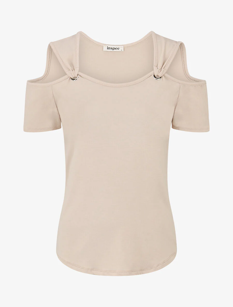 Off-the-shoulder top met korte mouwen - Beige