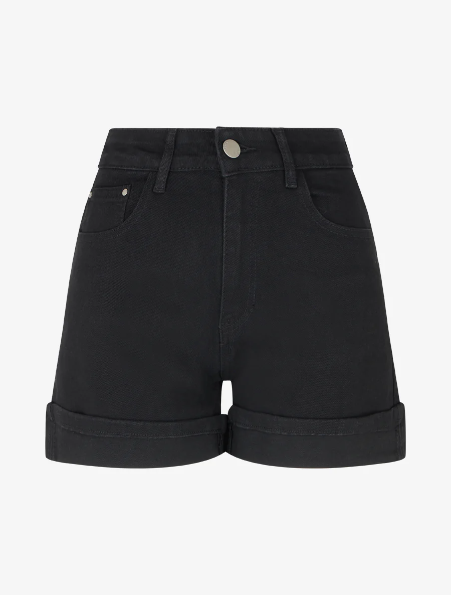 Omgeslagen denim shorts. - Zwart