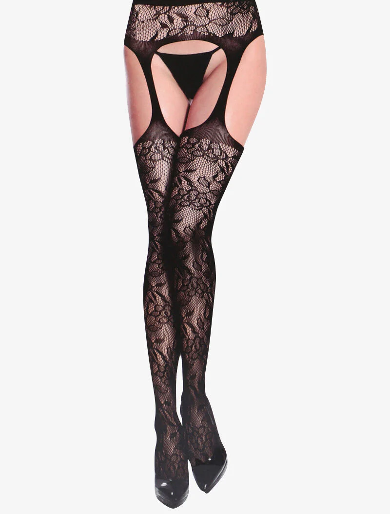 Opengewerkte panty met bloemenkant - zwart