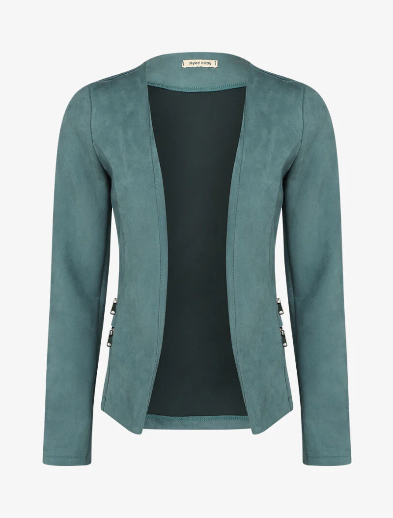 Open suède-look jas met nepzakken met rits - Karrenblauw