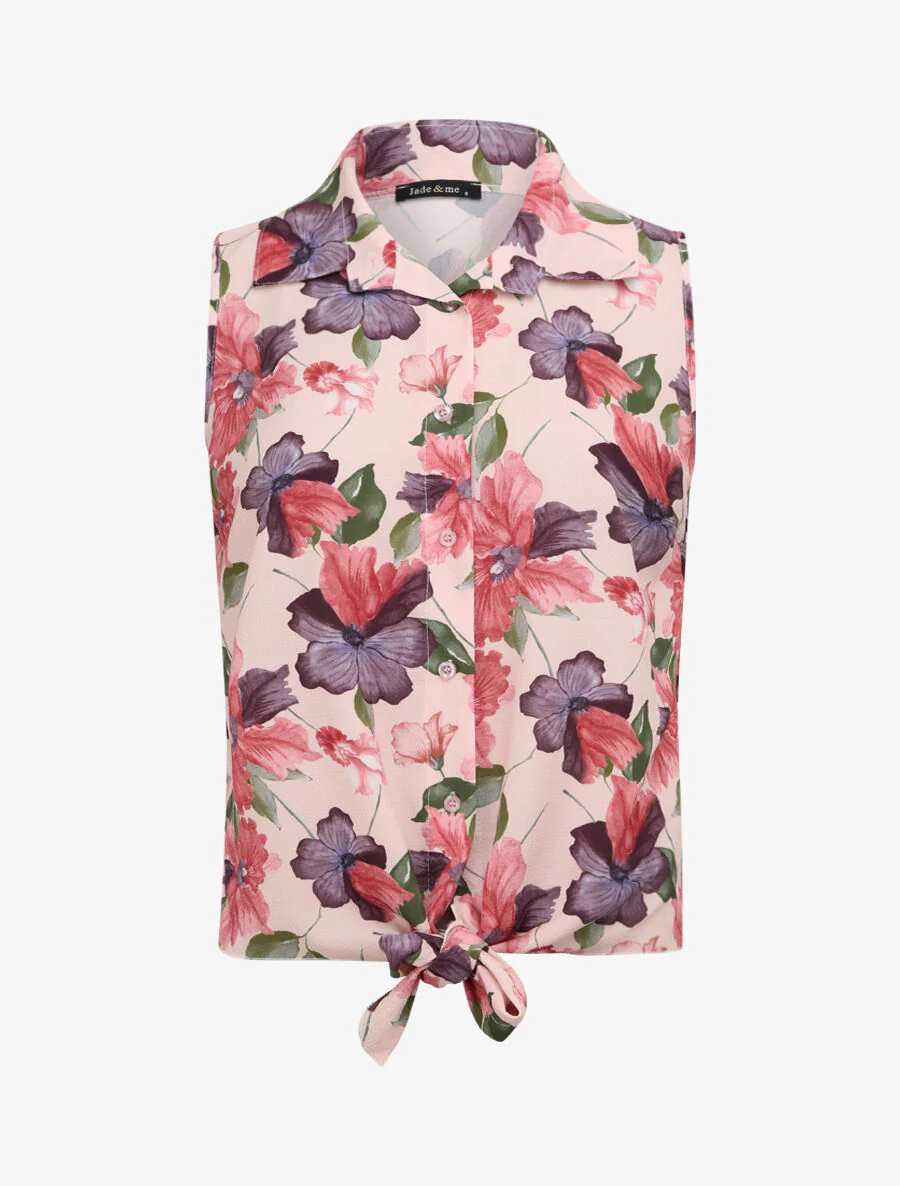 Knoopblouse met orchideeënprint - Lichtroze