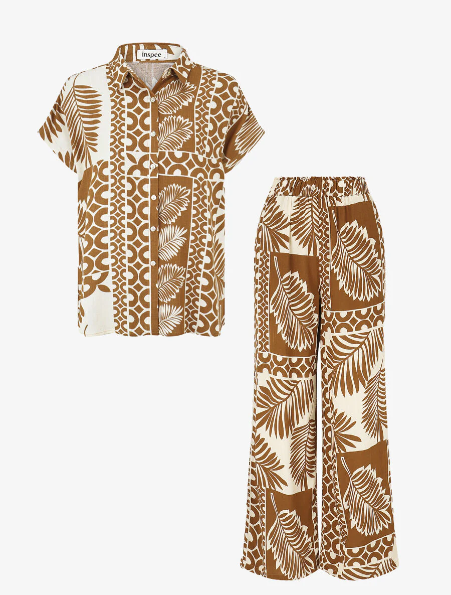 Overhemd en broek met tropische print - Bruin - Image 2