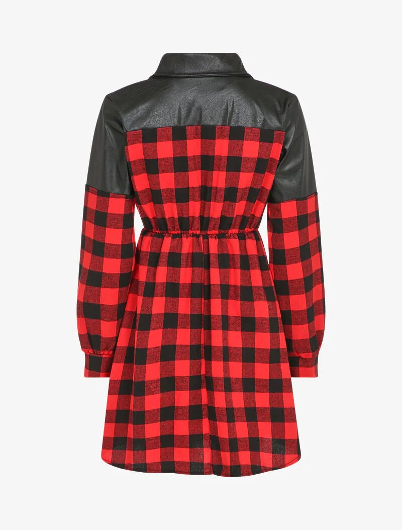Geruite overhemdjurk met schouders van imitatieleer - Rood - Image 2