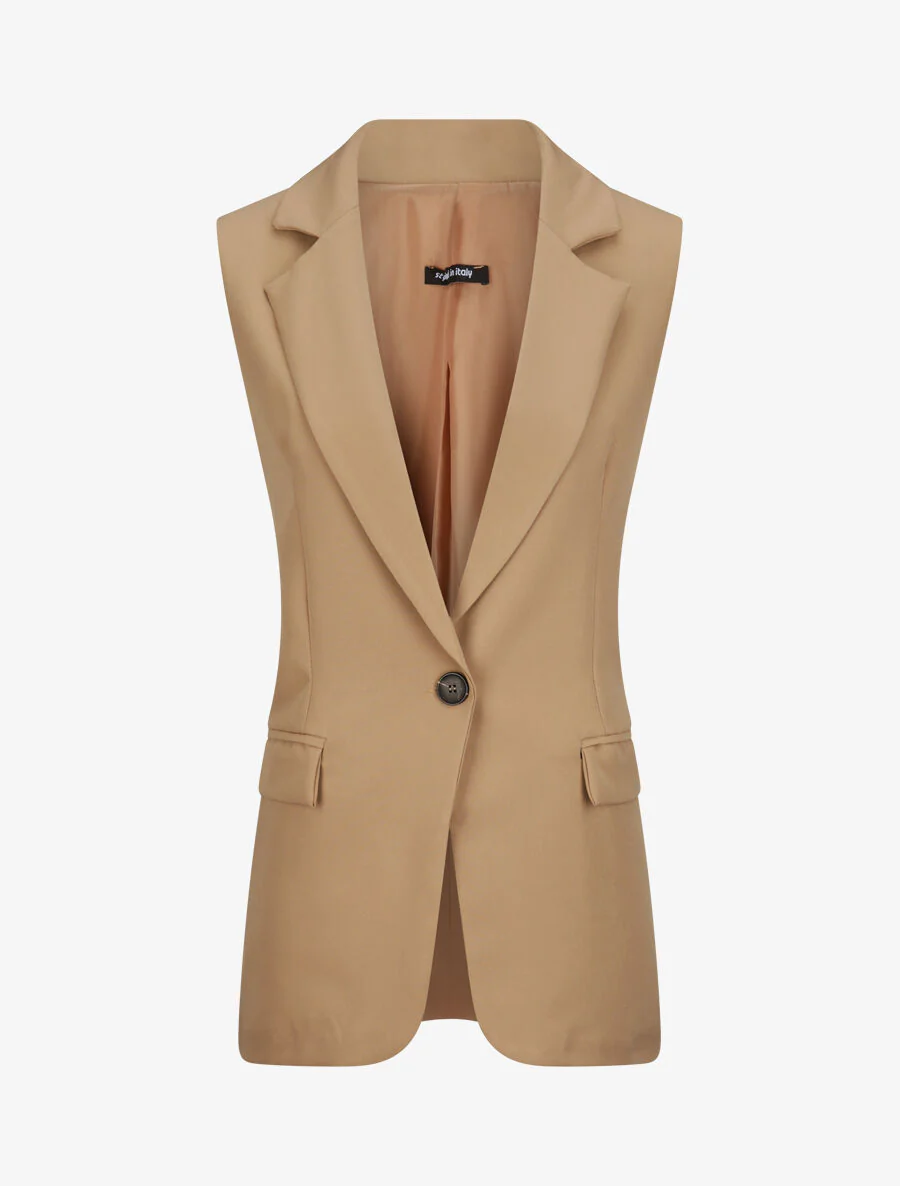 Oversized eenkleurige mouwloze blazer - Kameel