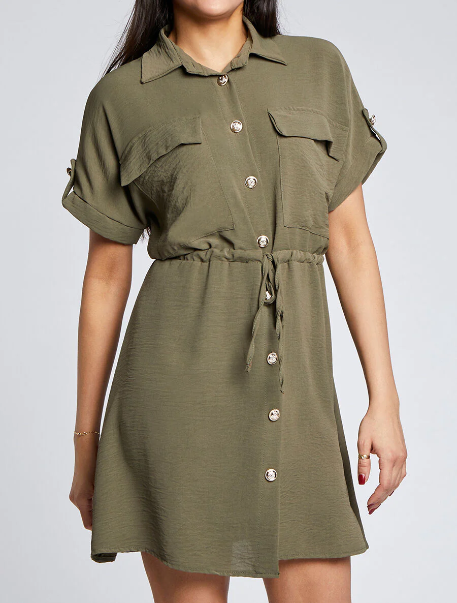 Oversized eenvoudige korte mouw shirtjurk - Kakigroen - Image 4