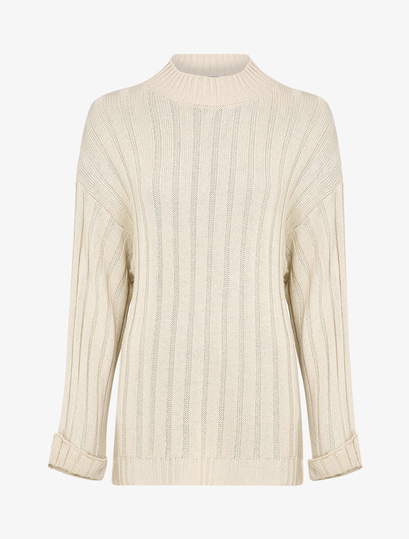 Oversized geribbelde trui met omgeslagen mouwen - Beige