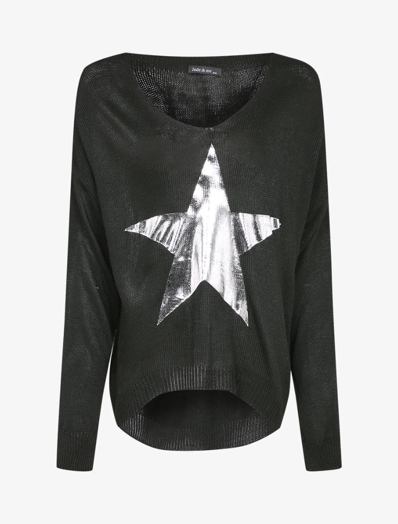 Lange oversized trui met zilveren sterpatroon - Zwart