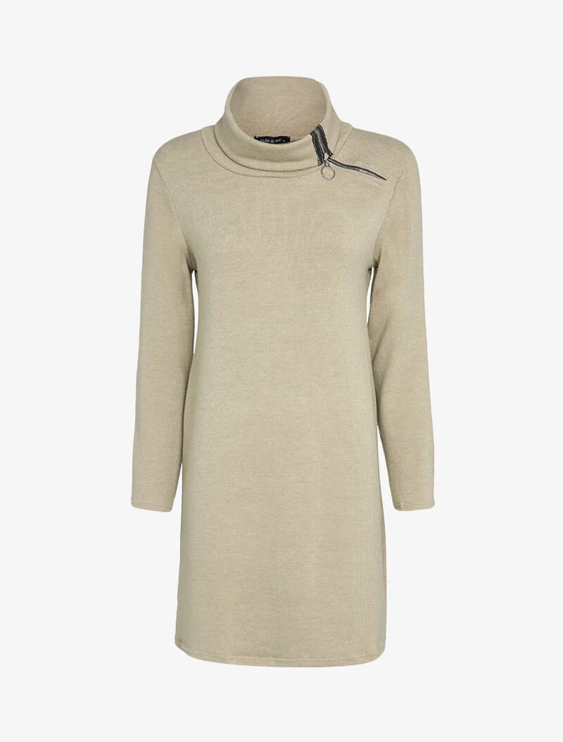 Oversized trui jurk met gestileerde ritssluiting kraag - Beige