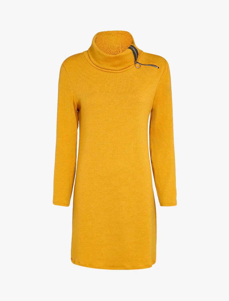 Oversized trui jurk met gestileerde ritssluiting kraag - Mosterd