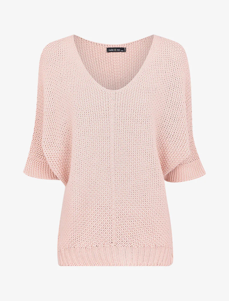 Oversized trui met 3/4 mouwen en een U-hals - Poederroze