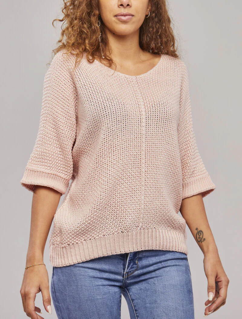 Oversized trui met 3/4 mouwen en een U-hals - Poederroze - Image 4