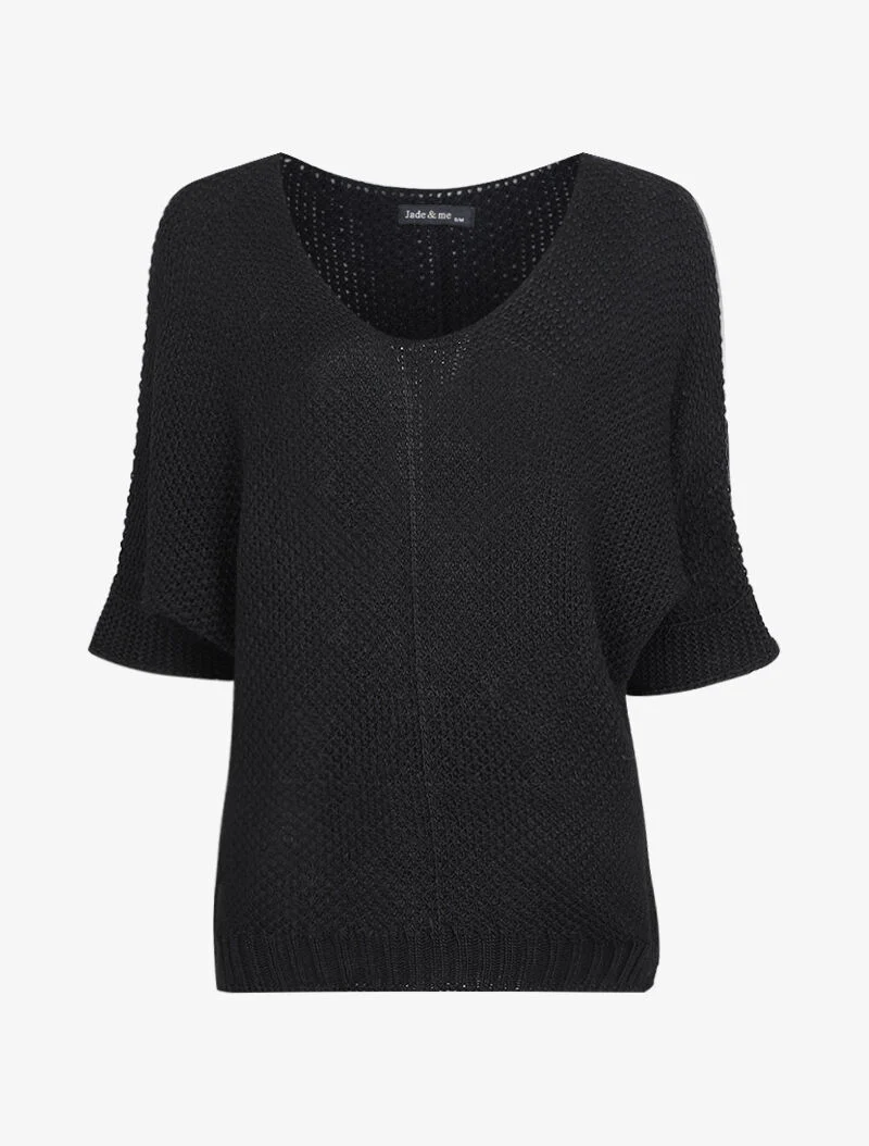 Oversized trui met 3/4 mouwen en een U-hals - Zwart
