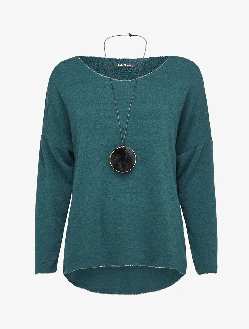 Oversized trui met iriserende biezen met ketting - Eendblauw