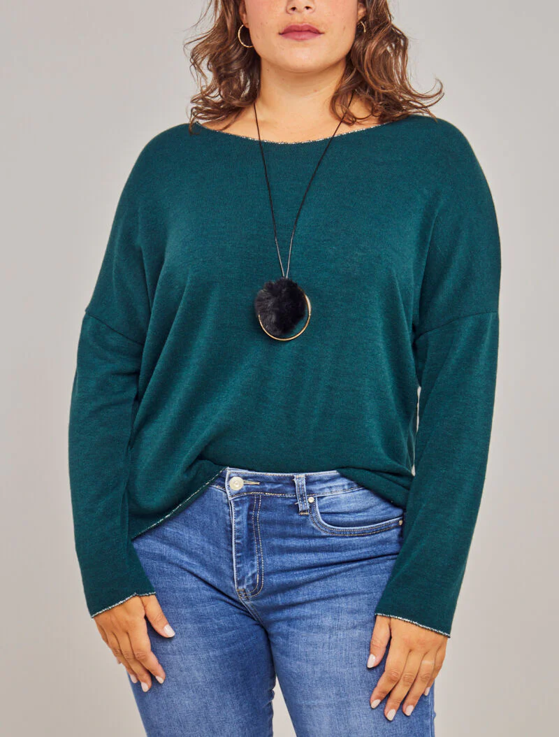 Oversized trui met iriserende biezen met ketting - Eendblauw - Image 3