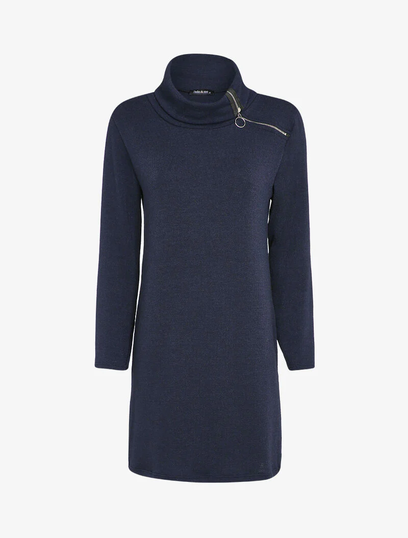 Oversized trui jurk met gestileerde ritssluiting kraag - Marineblauw