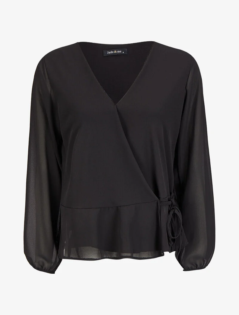 Wikkelblouse met rucheranden - Zwart