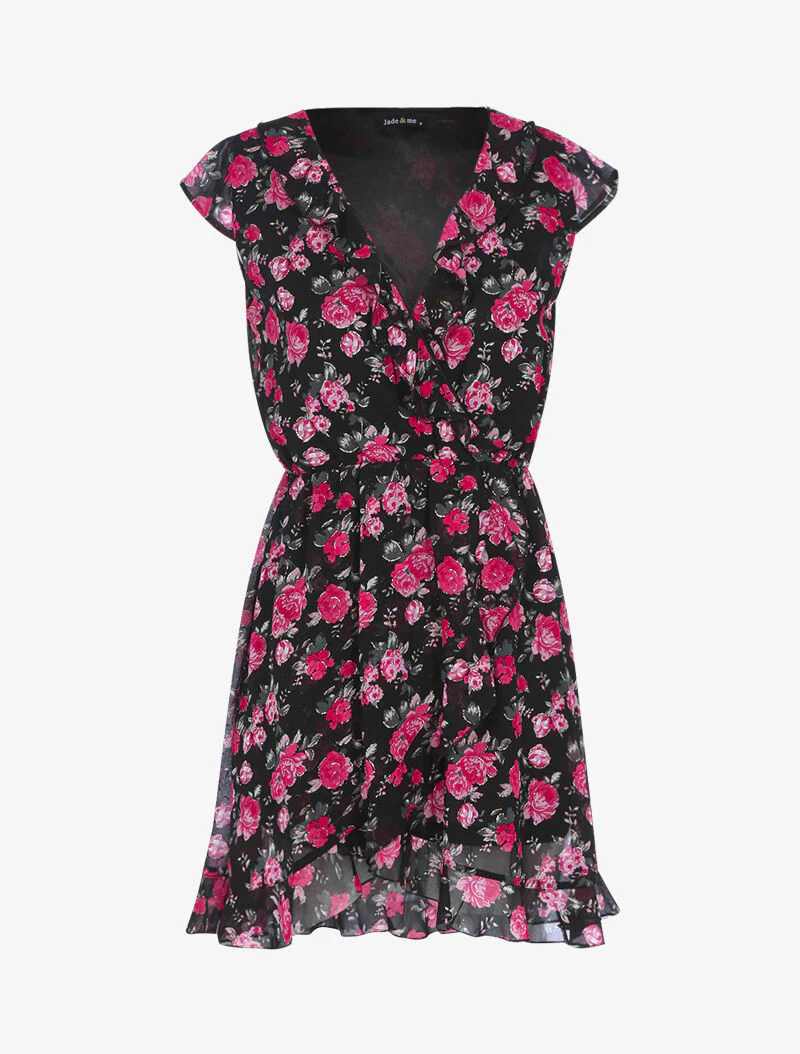 Wikkeljurk met bloemenprint - zwart