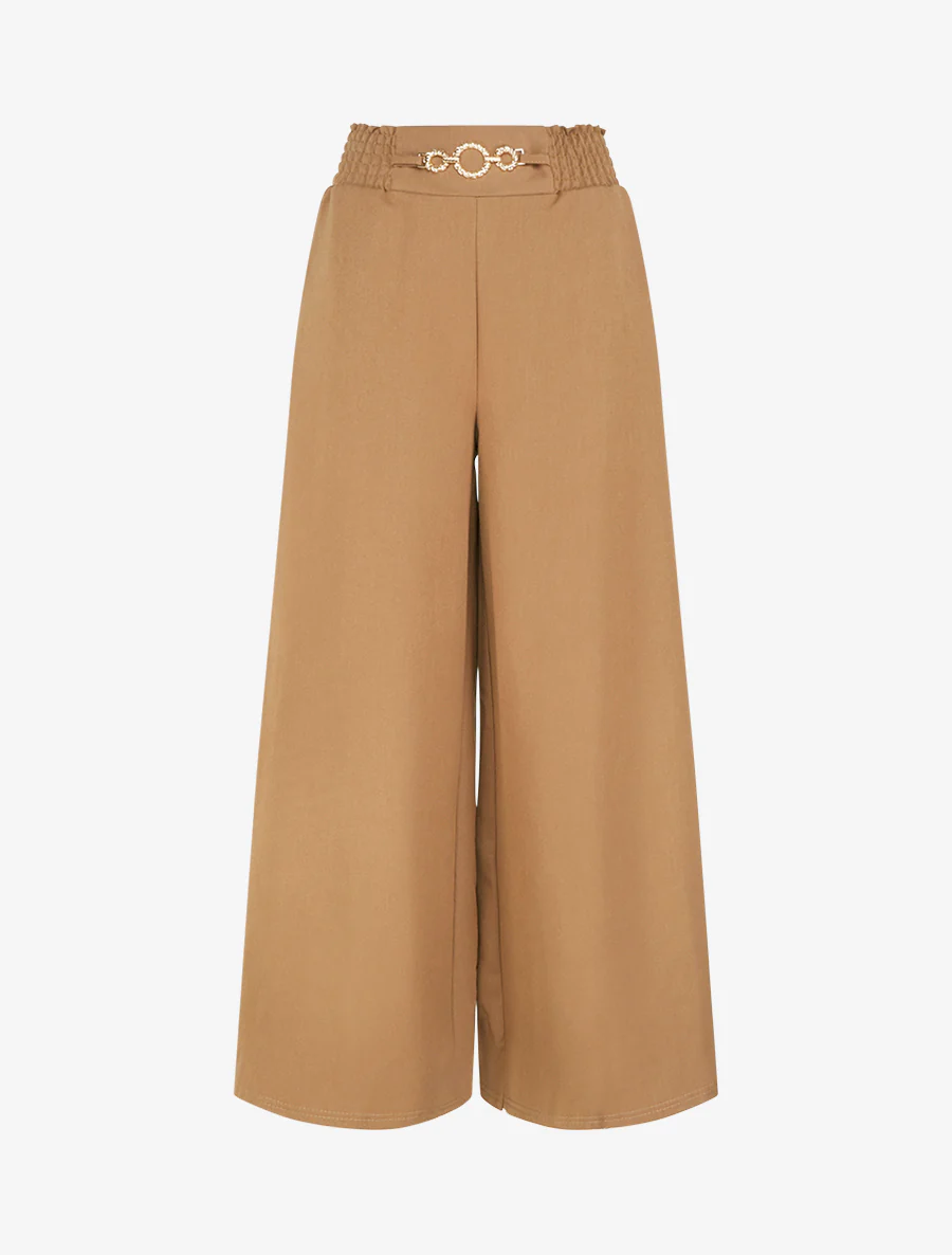 Palazzobroek met elastische taille en ringen. - Kameel