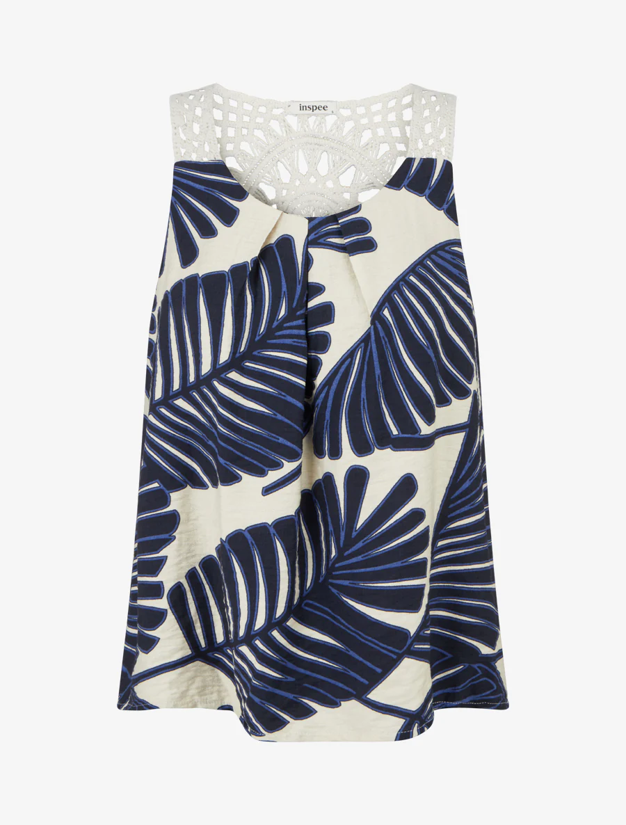 Palmblad geprinte top met gehaakte bandjes - Marine