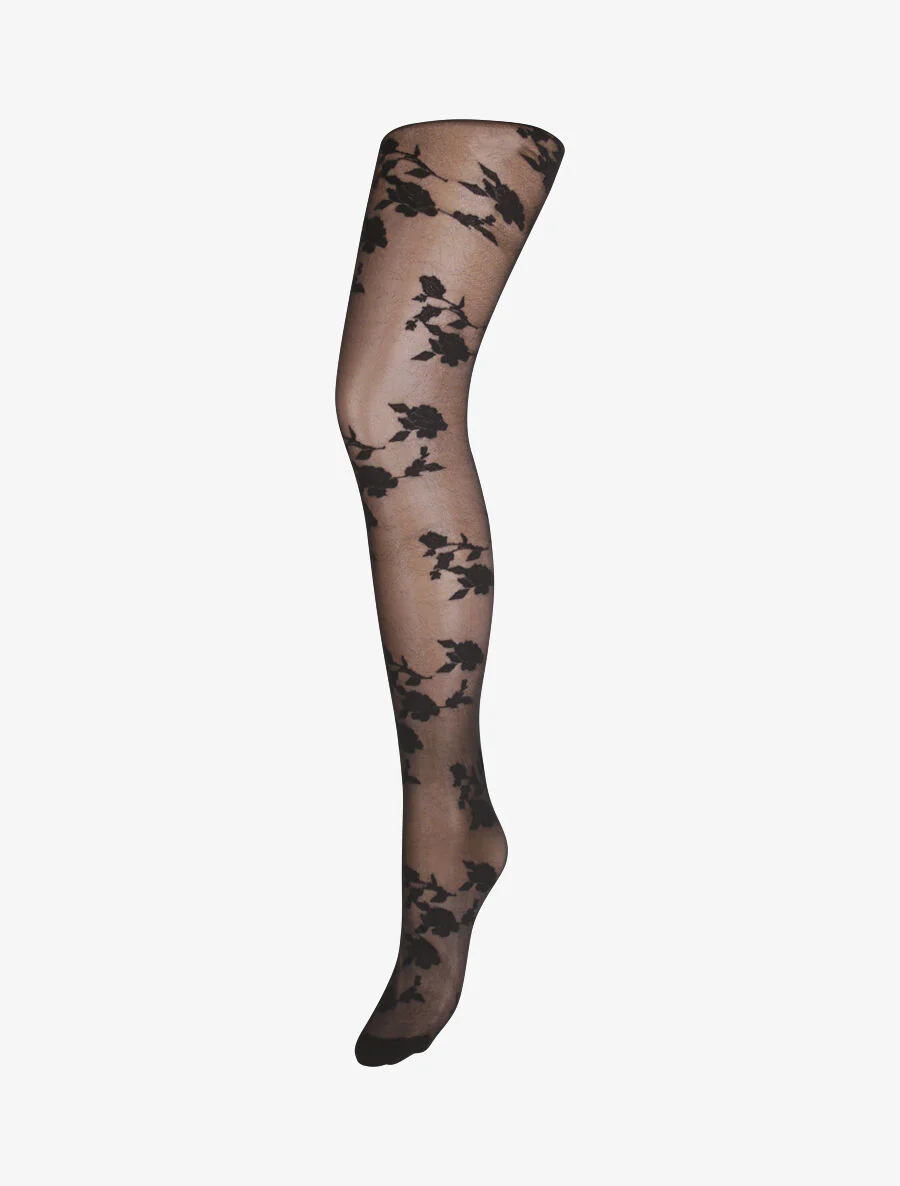 Voile panty's met roze patronen - Zwart