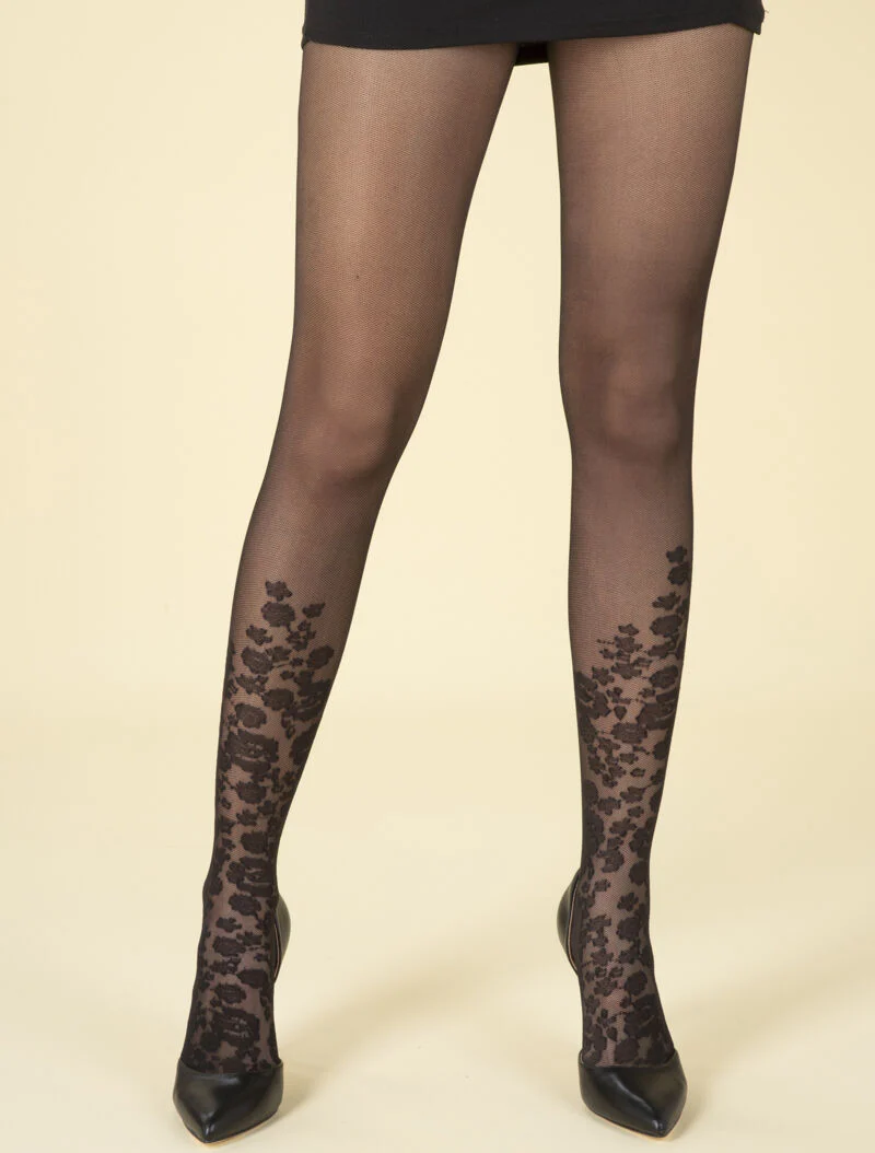 Panty's met bloemenmotief - zwart