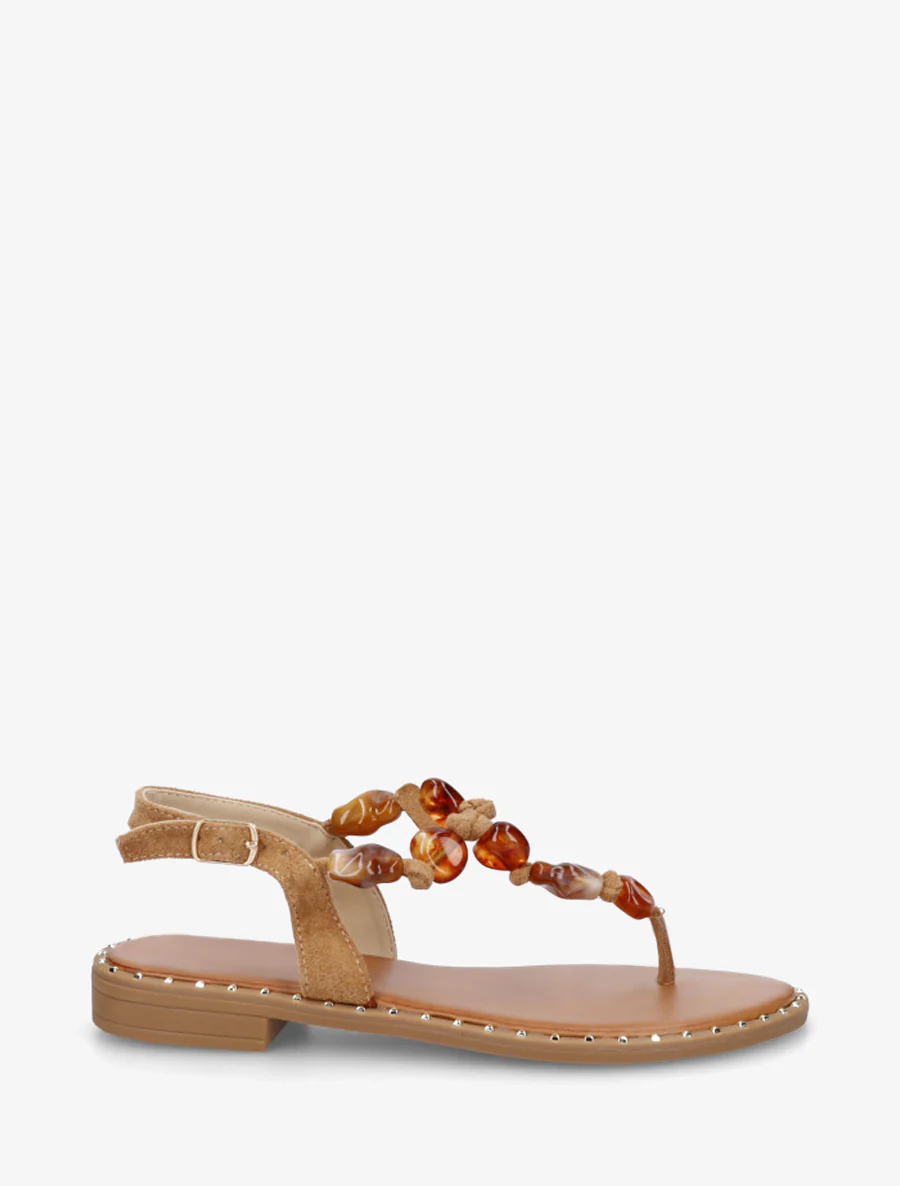 Parel sandalen met teenstuk - Kameel