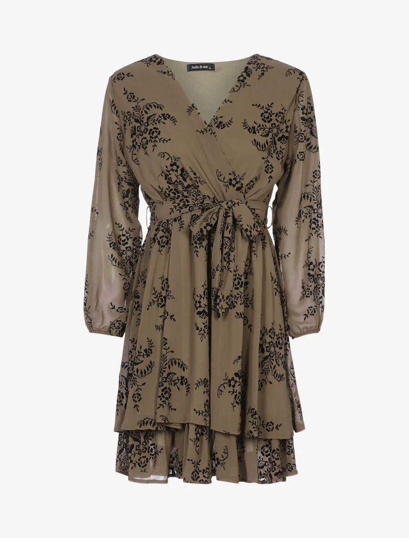 Fluwelen skaterjurk met grafische bloemen - donker taupe - taupe