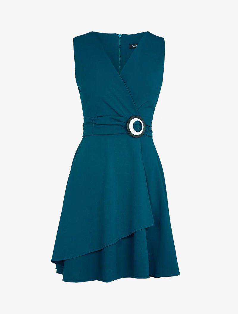 Fit & flare jurk met contrasterende gesp - Petrolblauw