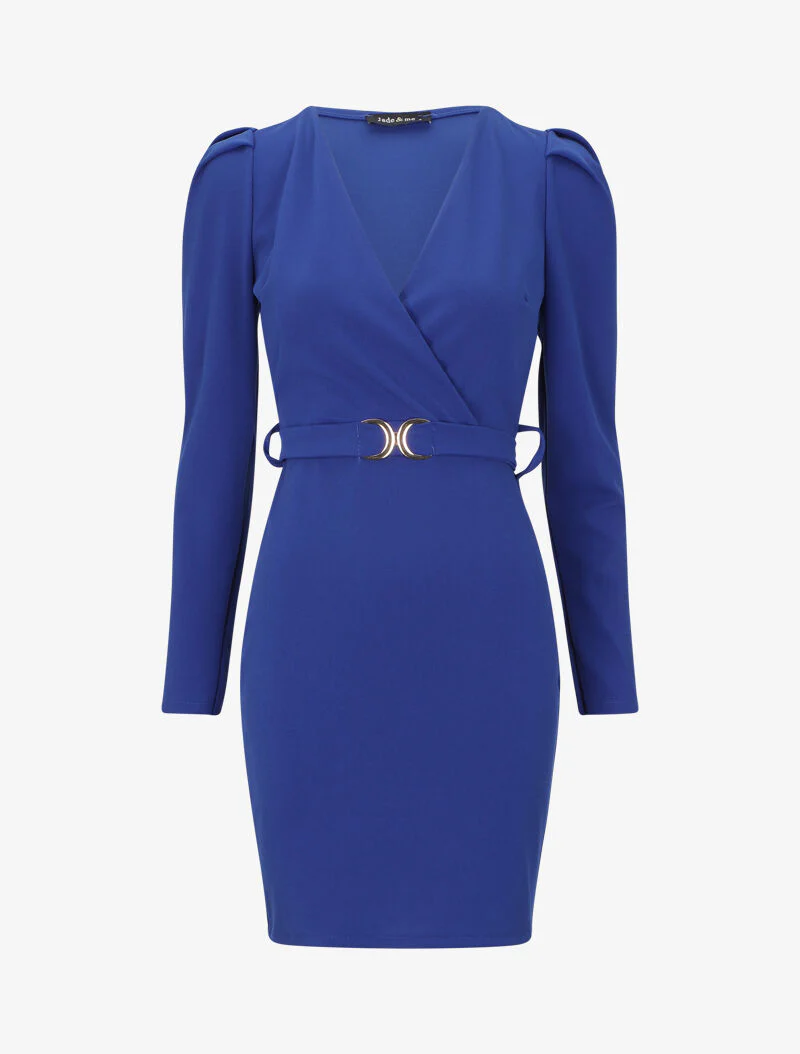 Fit & flare jurk met pofmouwen - Koningsblauw