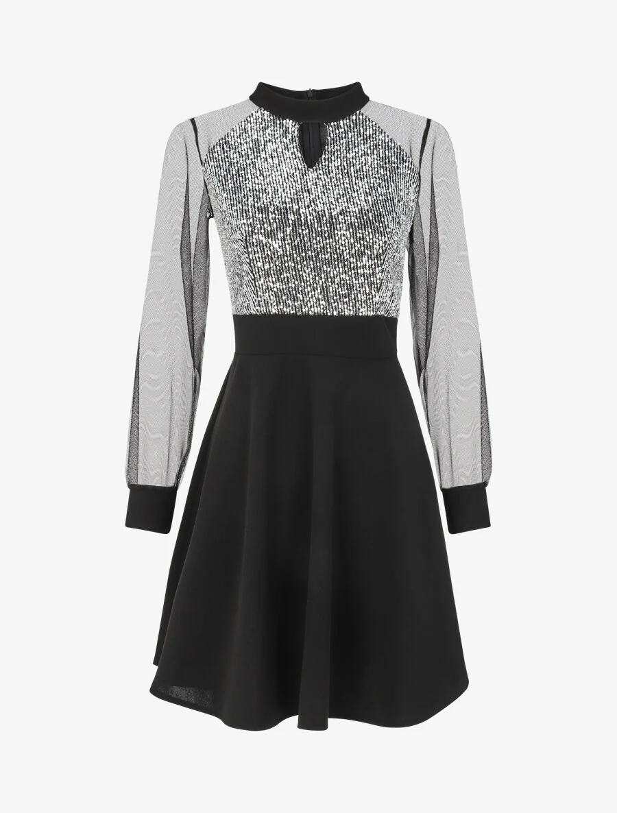 Fit & flare jurk met pailletten op het lijfje - Zwart/zilver