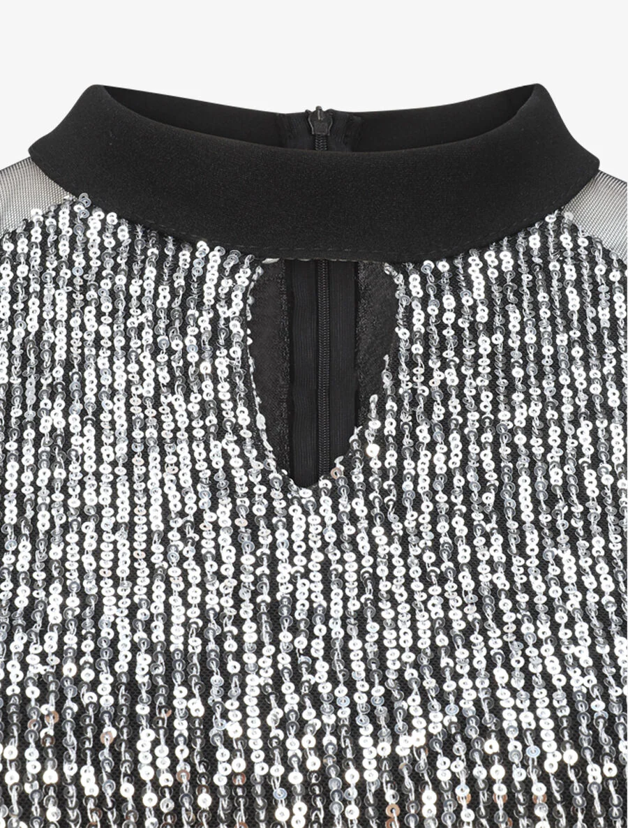 Fit & flare jurk met pailletten op het lijfje - Zwart/zilver - Image 3