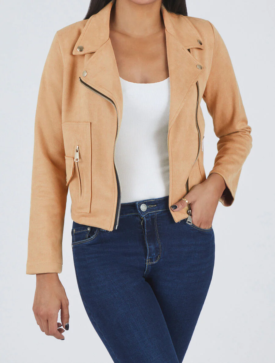 Perfecto-stijl gevoerde suède jas met rits - beige - Image 4